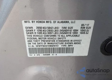 2017 Honda Pilot Ex from USA, damaged, VIN 5FNYF6H31HB029751